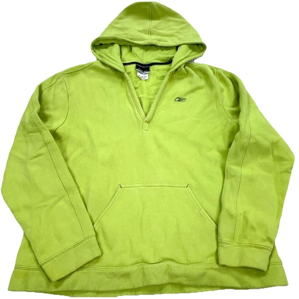 Vintage Y2K Reebok Hoodie Women XL Green Sweatshirt Sweater V Neck Kiwi Lime